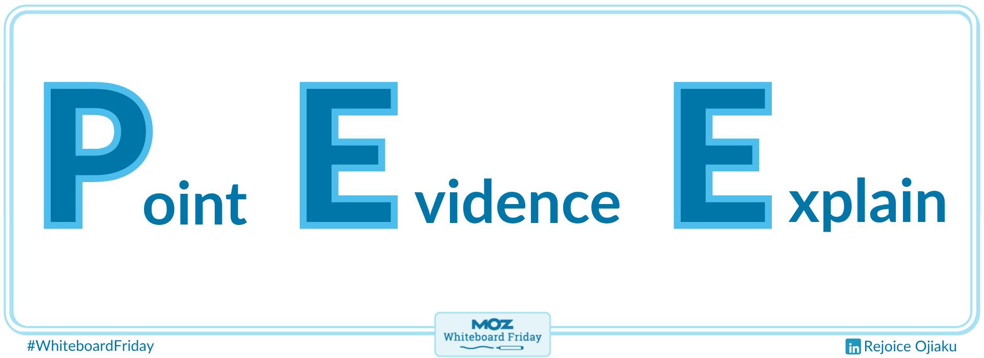 Zoomed-in section of the whiteboard with the PEE framework explained.