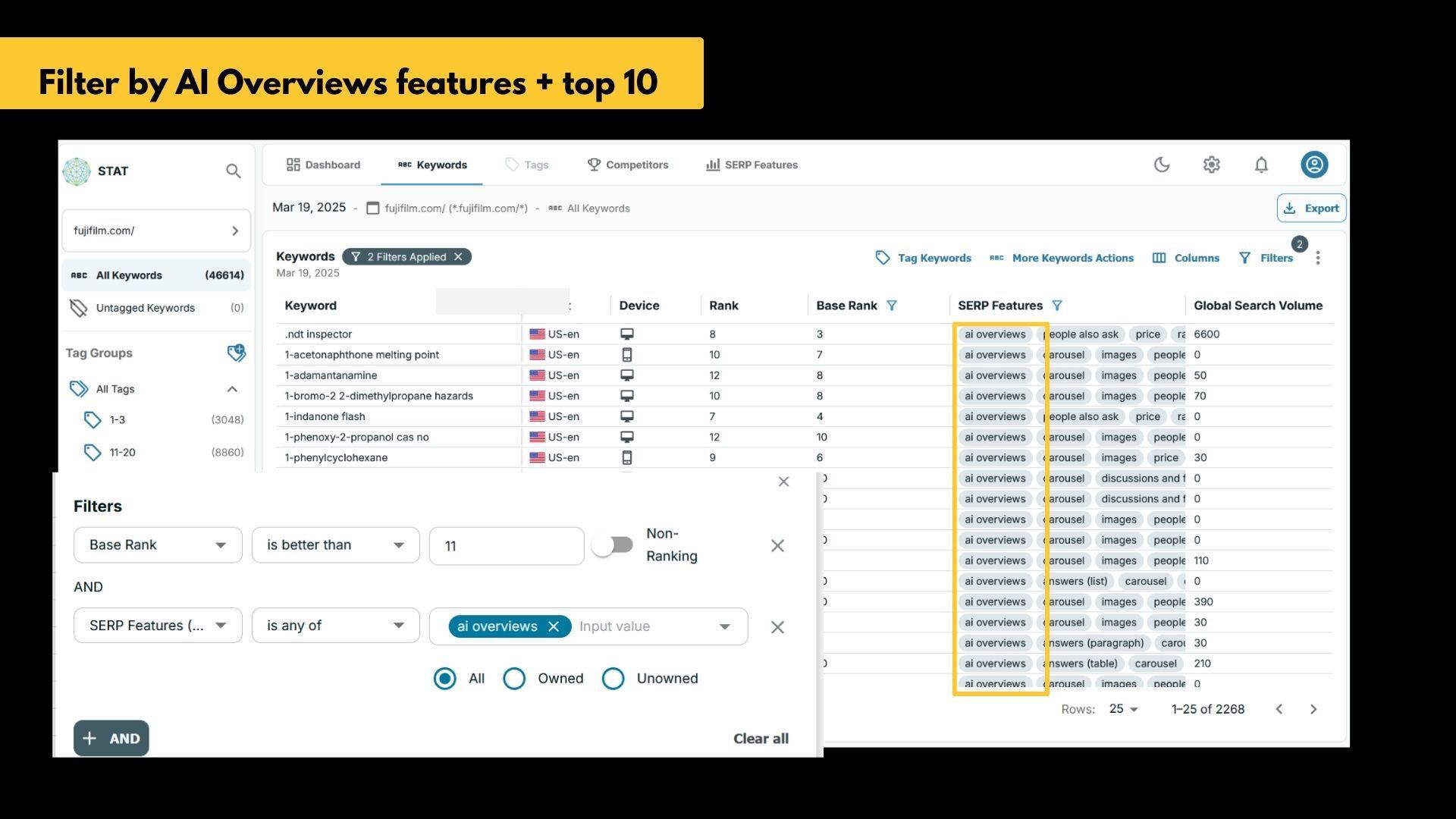 STAT keyword report filtered by AI Overview SERP feature and top 10 rank.