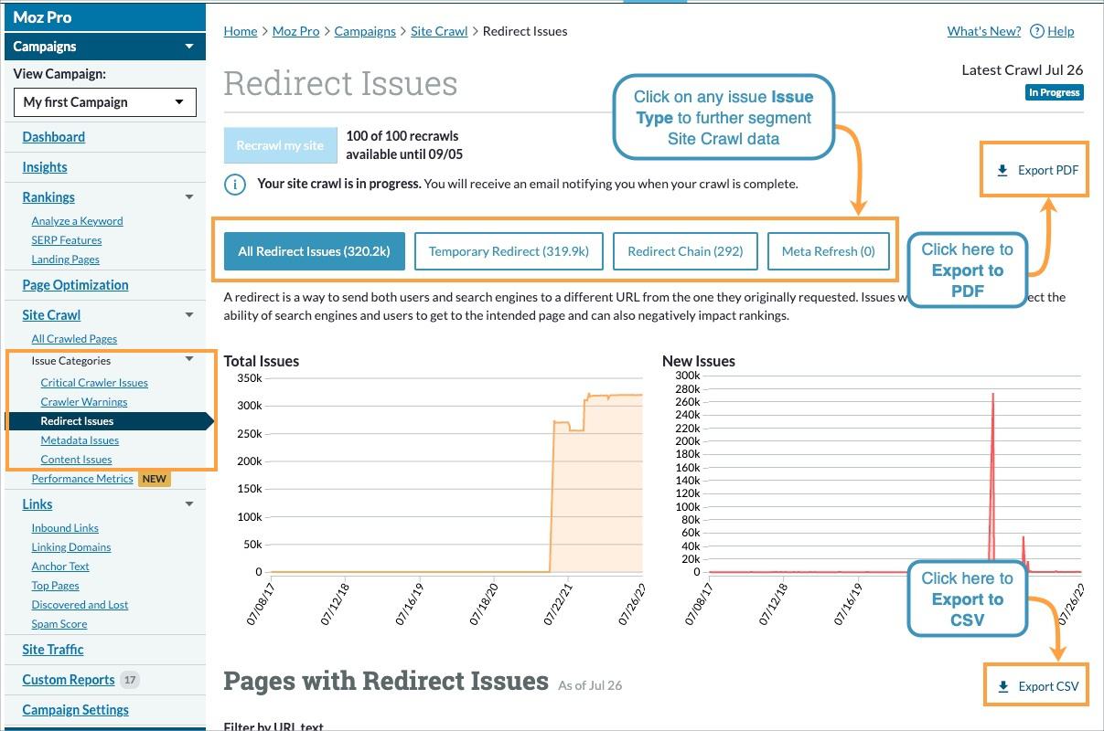 Use the issue type buttons at the top of the page to limit your exports to only a specific issue on your site.