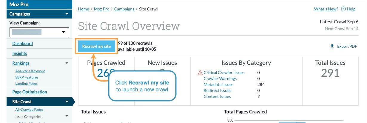 Screenshot of Moz Pro Campaign Site Crawl with Recrawl My Site button highlighted.