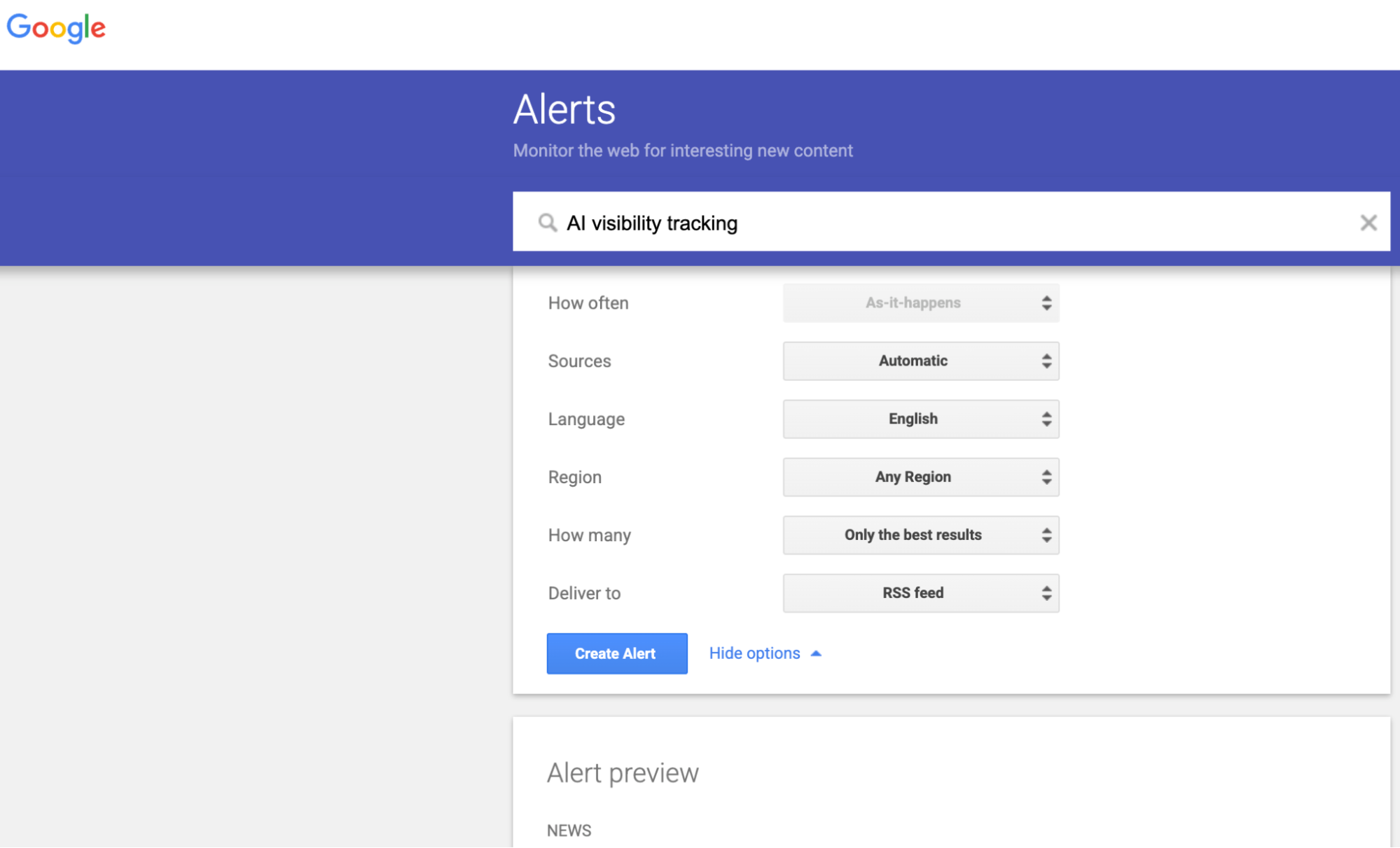 Google Alerts setup screen with options for frequency, sources, language, region and delivery format