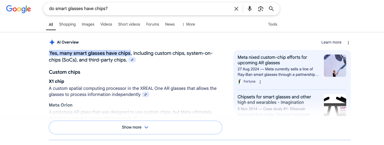 Google's AI Overview feature showing an AI-generated summary at the top of search results.