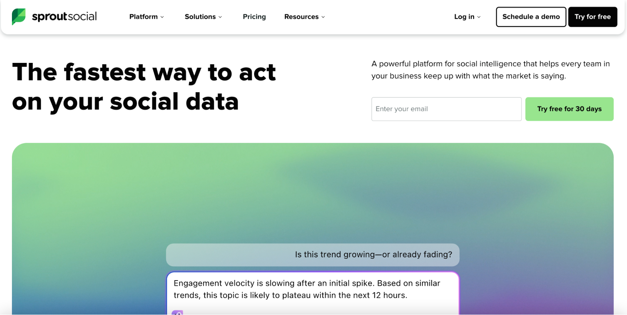 Sprout Social homepage showing its social intelligence platform answering a question about a trending topic