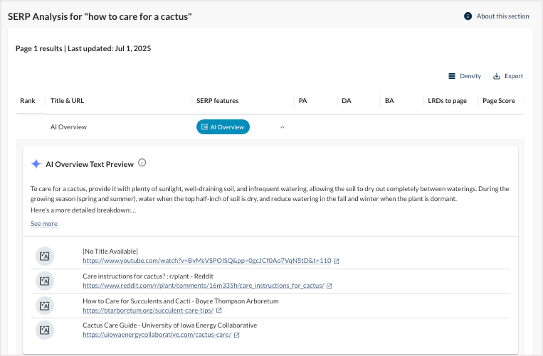 Screenshot of the SERP Analysis for "How to Care for A Cactus" in Keyword Explorer.
