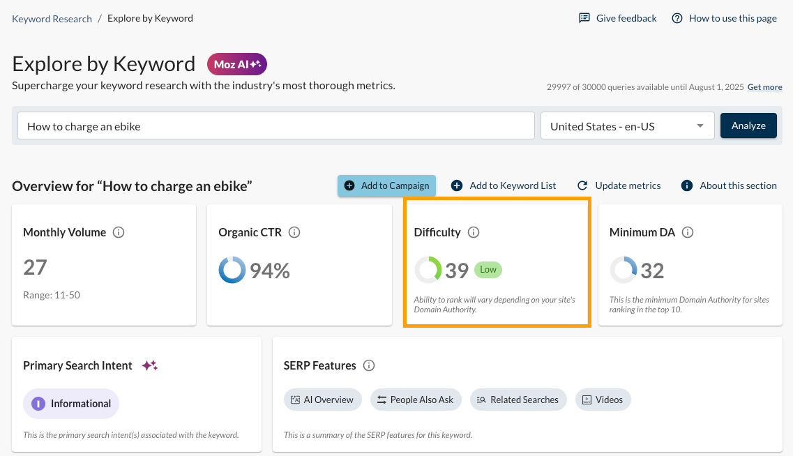 Screenshot of the Explore By Keyword Tool with the Difficulty metric marked.