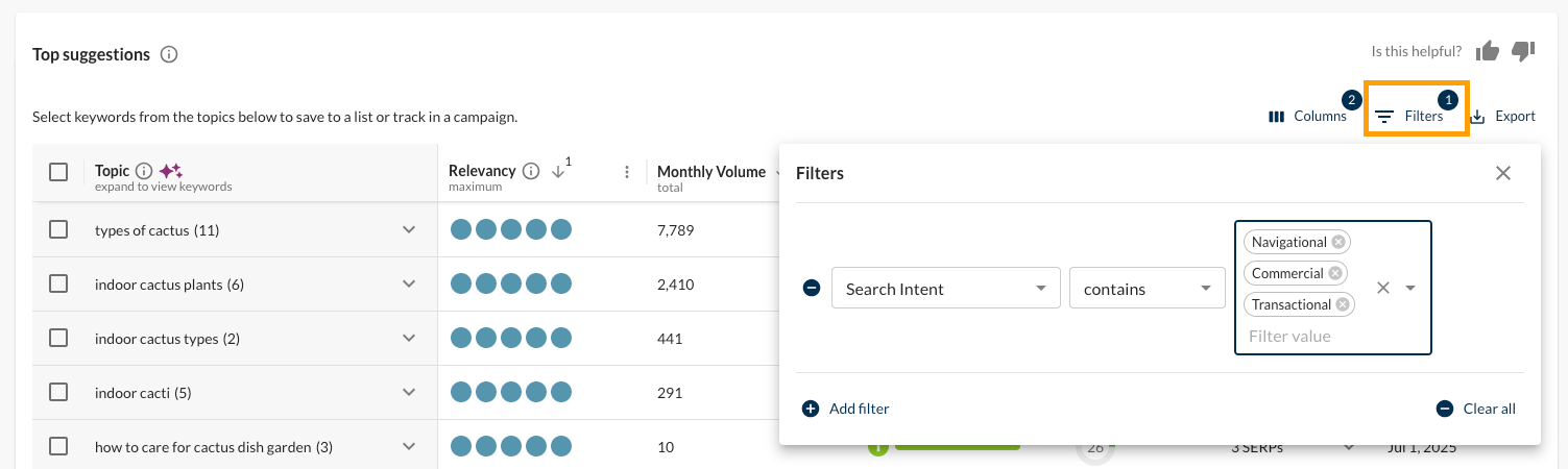 Screenshot of the filter options in Keyword Suggestions.