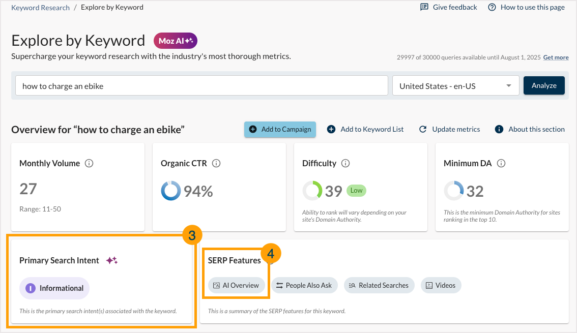 Screenshot of the Explore by Keyword tool outlining where to see Primary Search Intent and SERP Features.