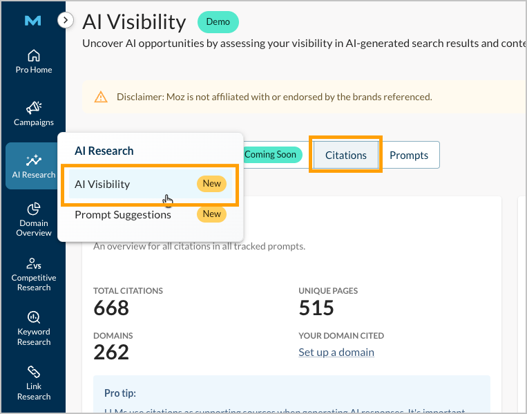 Screenshot of the AI Visibility menu item.