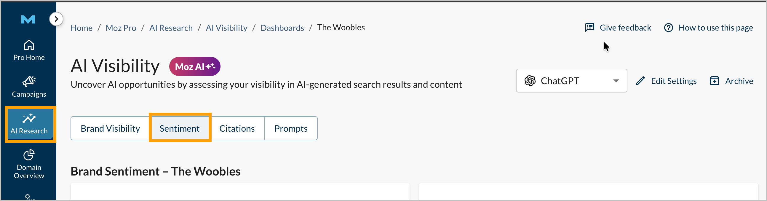 Screenshot showing where in the upper nav customers can access Sentiment.