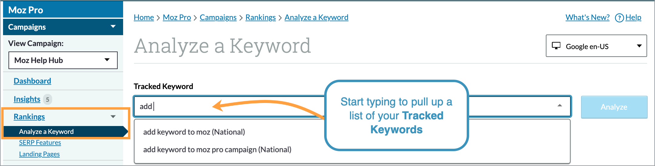 Location of Analyze a Keyword in the left hand navigation. Start typing in a keyword to select one to analyze.