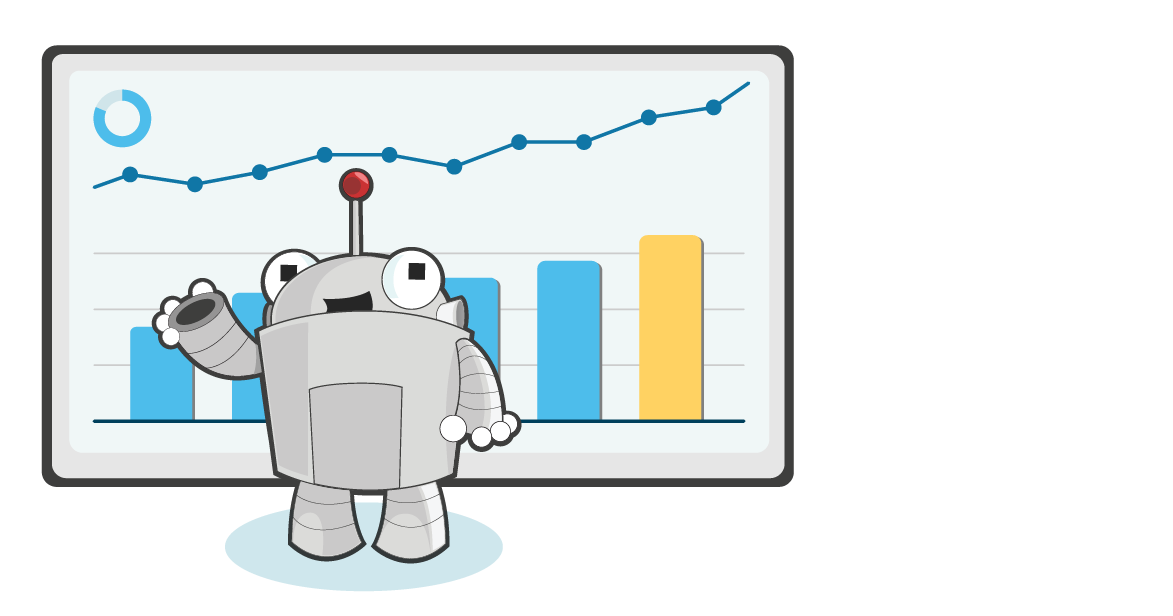 An image of Roger MozBot standing in front of a positively trending bar graph.