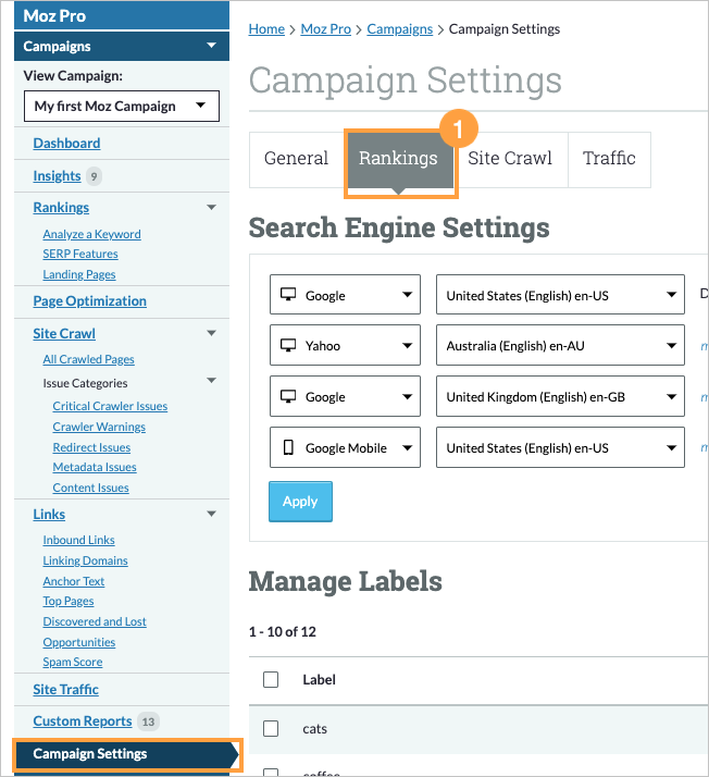 Access your Campaign settings via the left hand navigation and then select the rankings tab.
