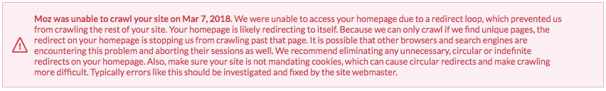 Example of the error message seen in-app when we are not able to crawl due to a redirect loop.