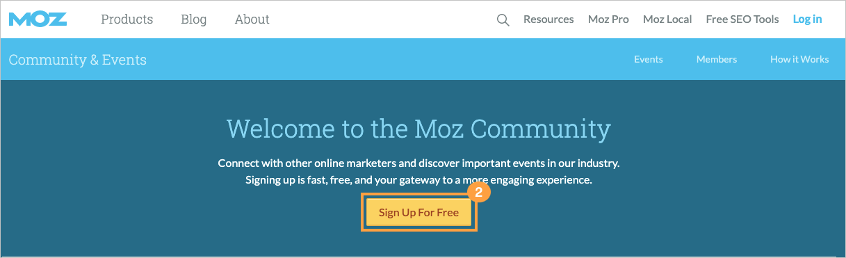 Moz Community & Events home page with the option to sign up for free.