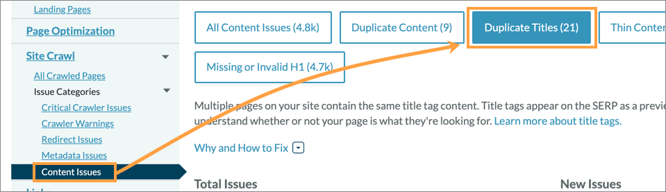 Content issues menu location and duplicate titles tab on page location.