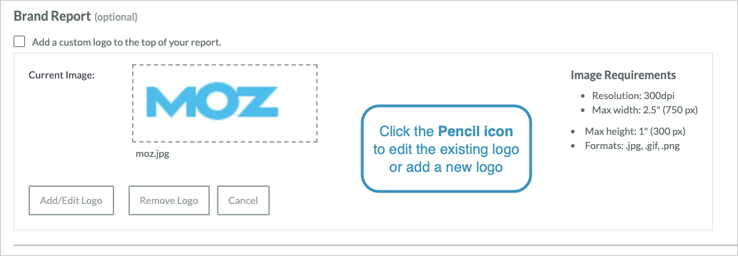 Within the brand logo section you can add, change, or edit a logo.