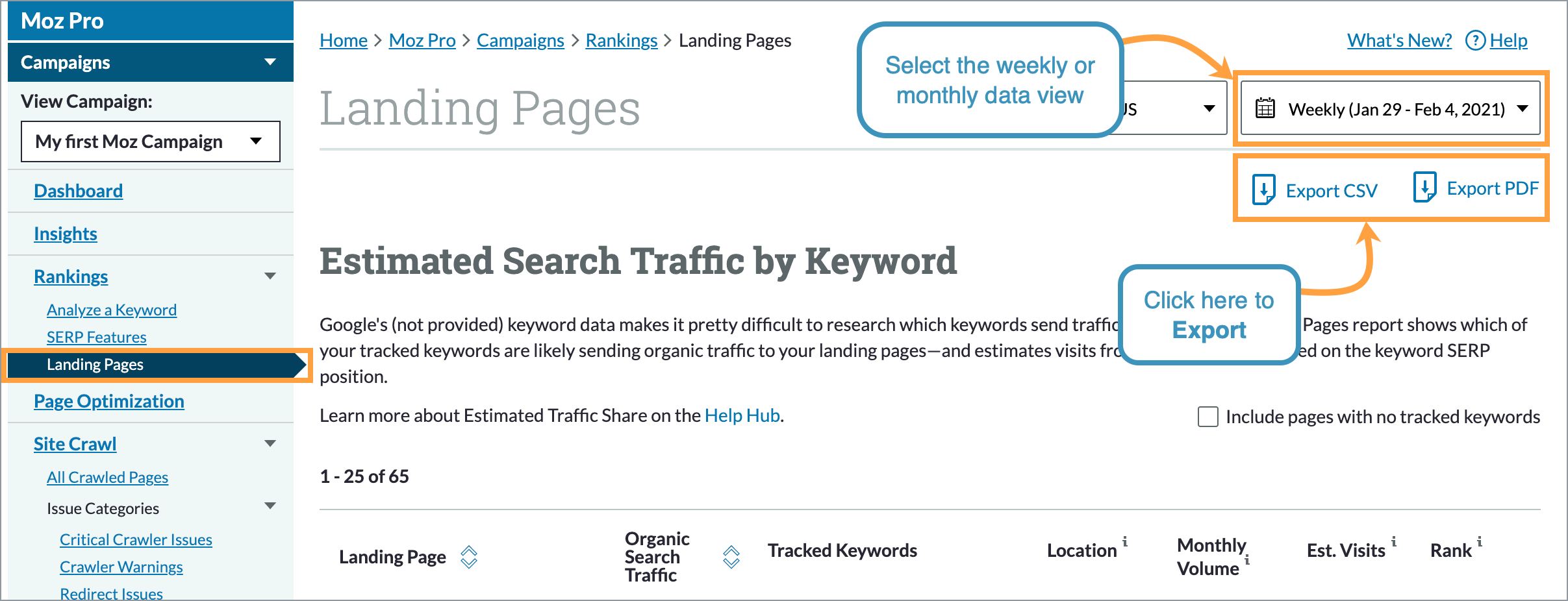 Export your Moz Pro Rankings Landing Pages section to PDF or CSV via the links on the top right.