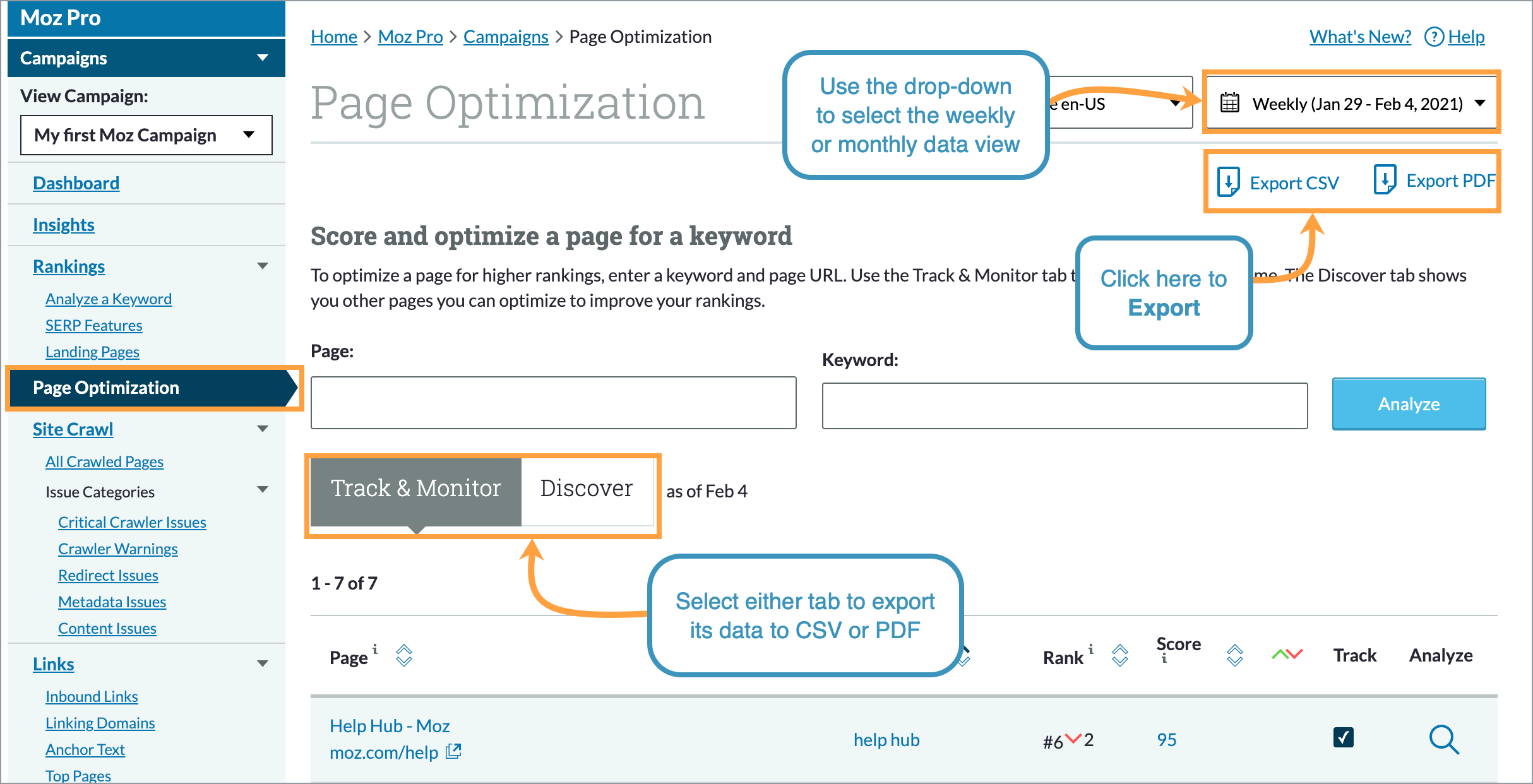 Both tabs of Page Optimization in Moz Pro can be exported.