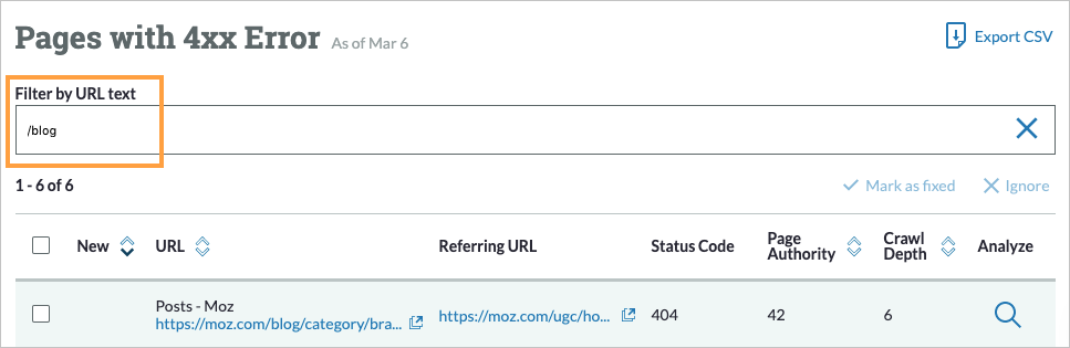 Pages with 4xx Error view in Site Crawl with filter bar filled in with /blog to find pages associated with this subfolder.