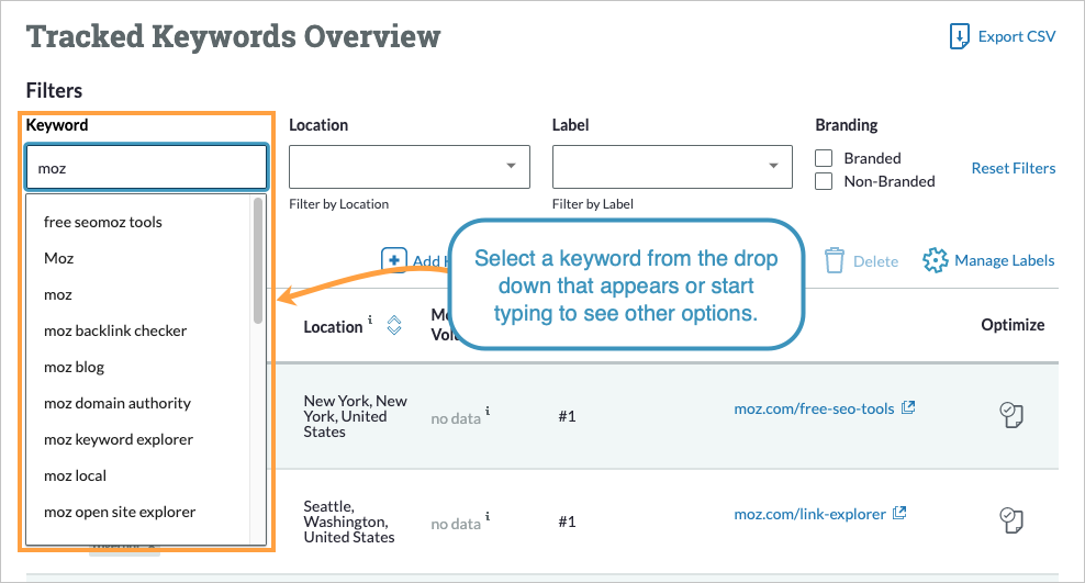 Use the keyword filter to filter by full or partial keyword match.