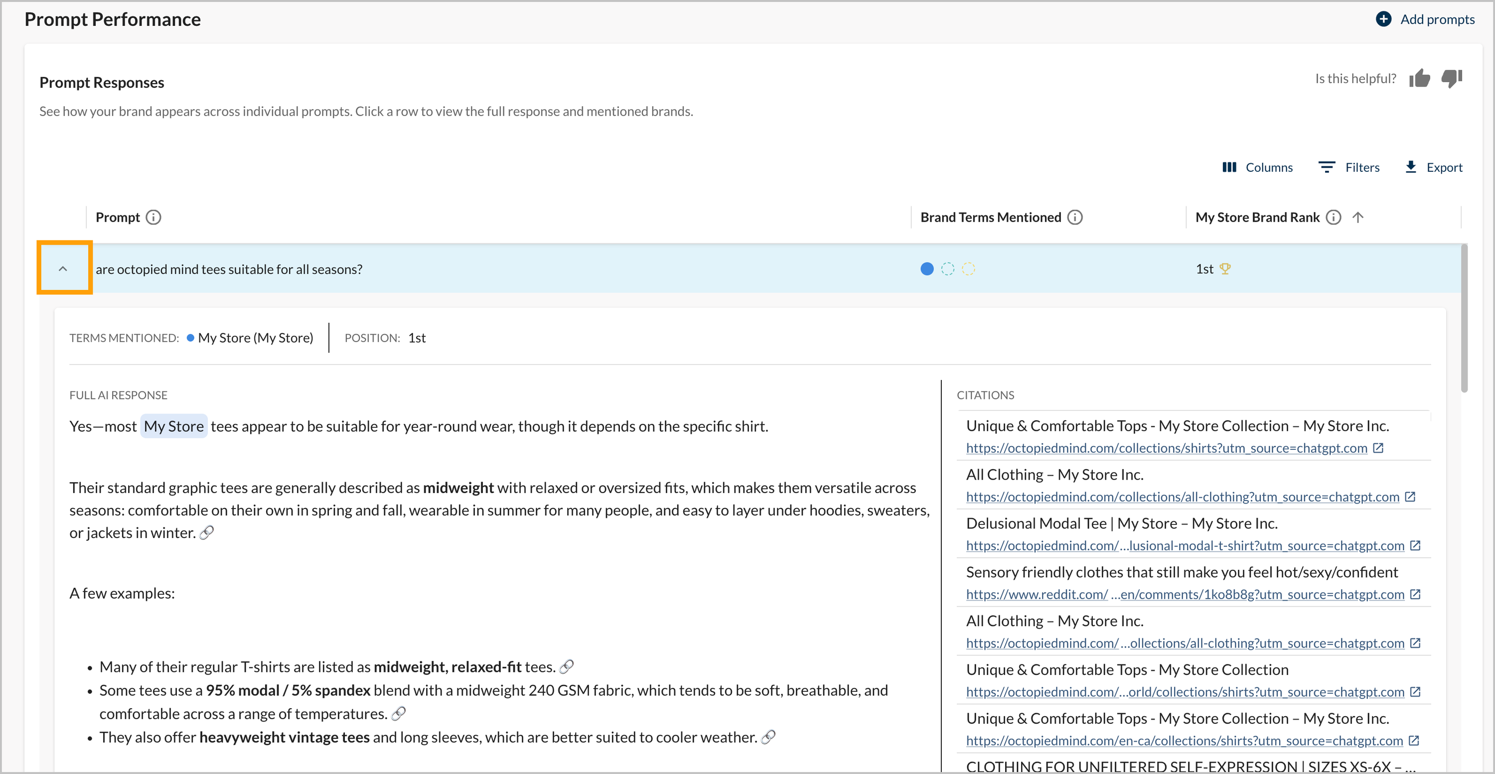 Screenshot of the expanded AI response in AI Visibility.