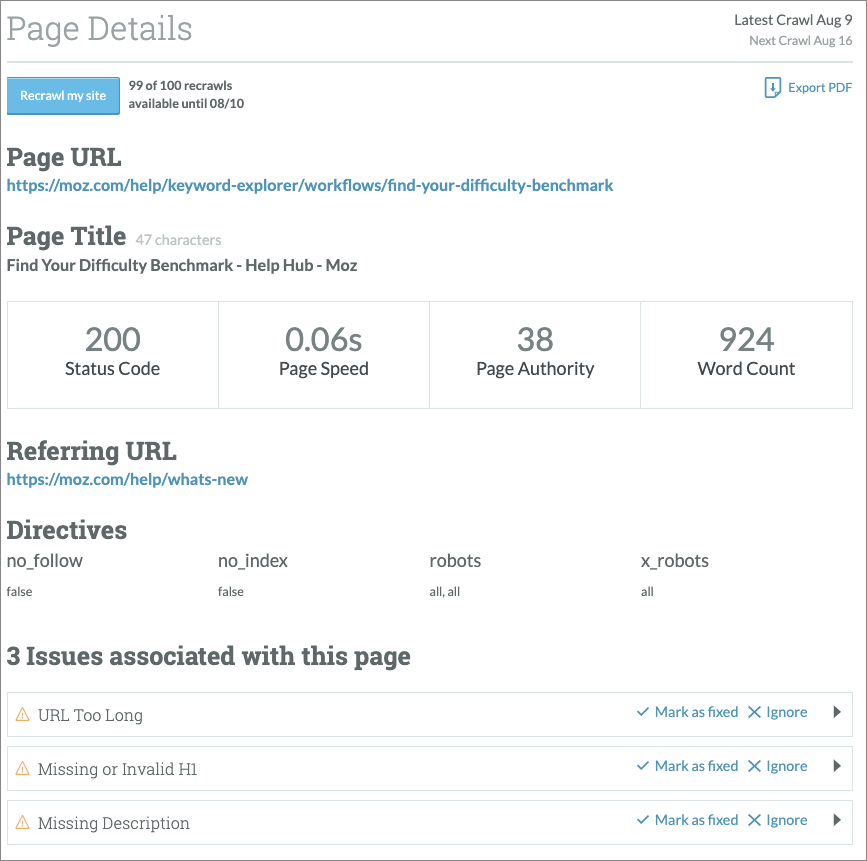 Page Details view with all page elements noted.