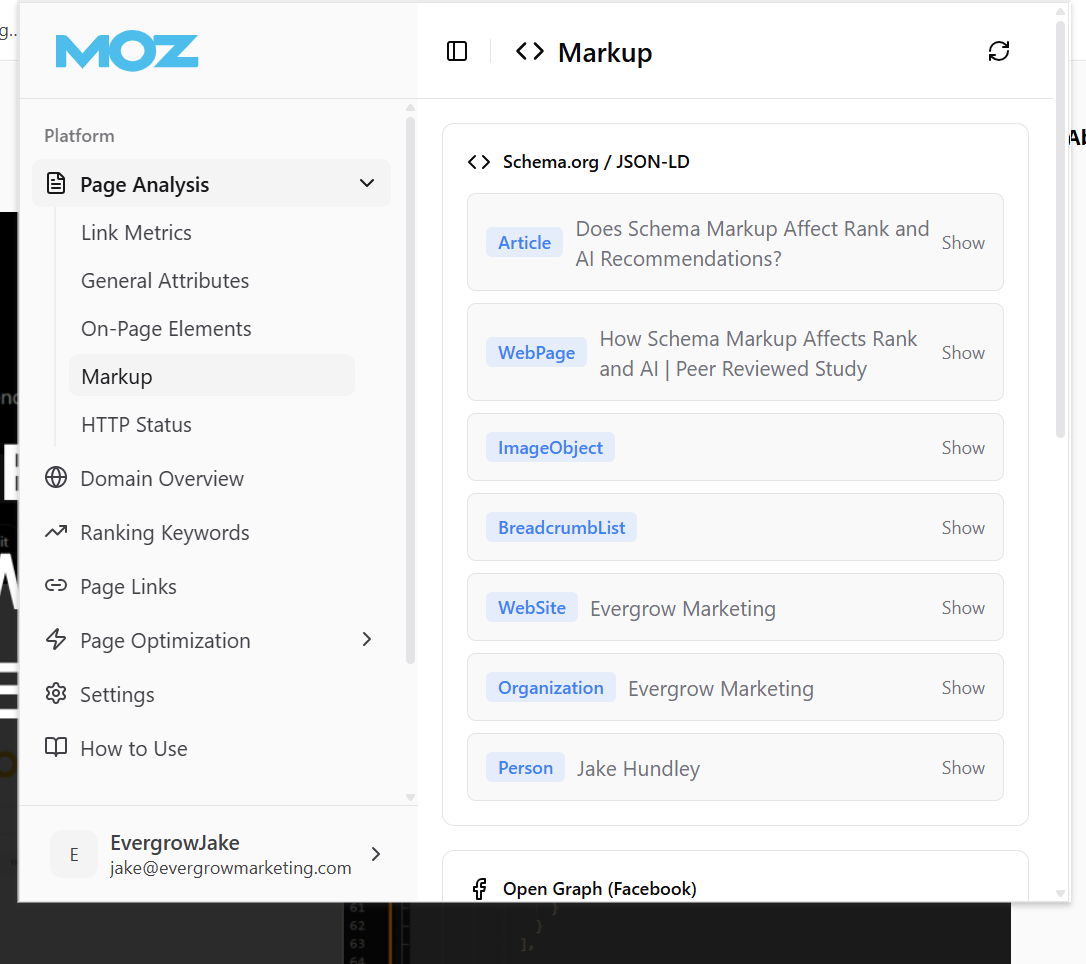 Screenshot of the free MozBar Chrome extension interface. The 'Markup' tab is selected under Page Analysis, displaying the detected Schema.org/JSON-LD data for the webpage, including Article, WebPage, and ImageObject types.