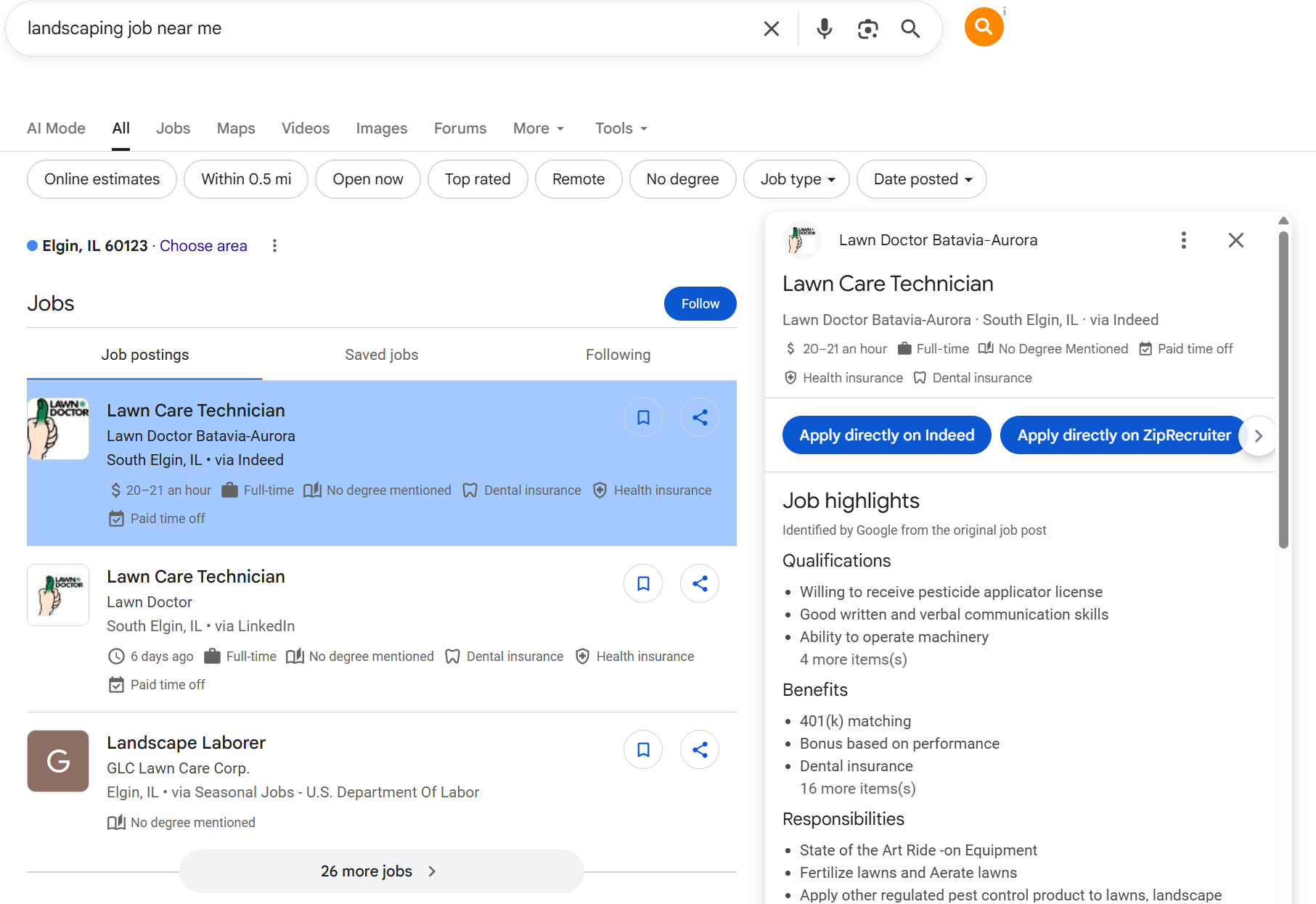 An example of a Google Jobs rich result generated by JobPosting schema. The screenshot displays an interactive job board directly in the search results for local landscaping jobs.