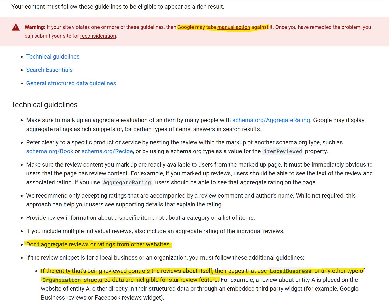 Screenshot of Google's structured data guidelines warning against manual actions for using self-serving reviews or third-party review aggregation on LocalBusiness schema.
