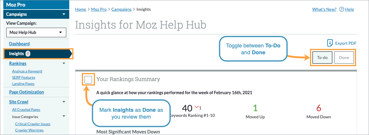 Moz Pro Campaign Insights Menu location.