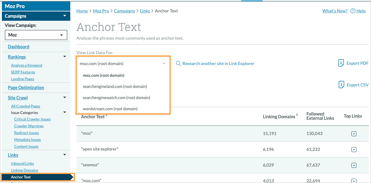 Location of Anchor Text in the left hand navigation menu.