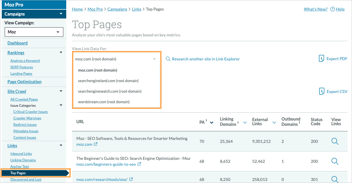 Location of Top Pages in the left hand navigation menu.