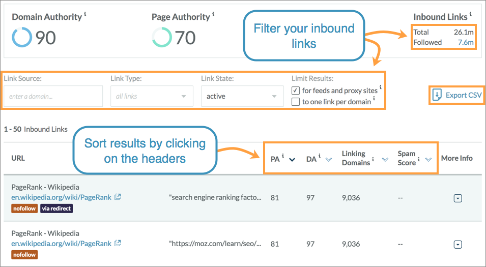 Filter and sort your inbound links to further segment your data.