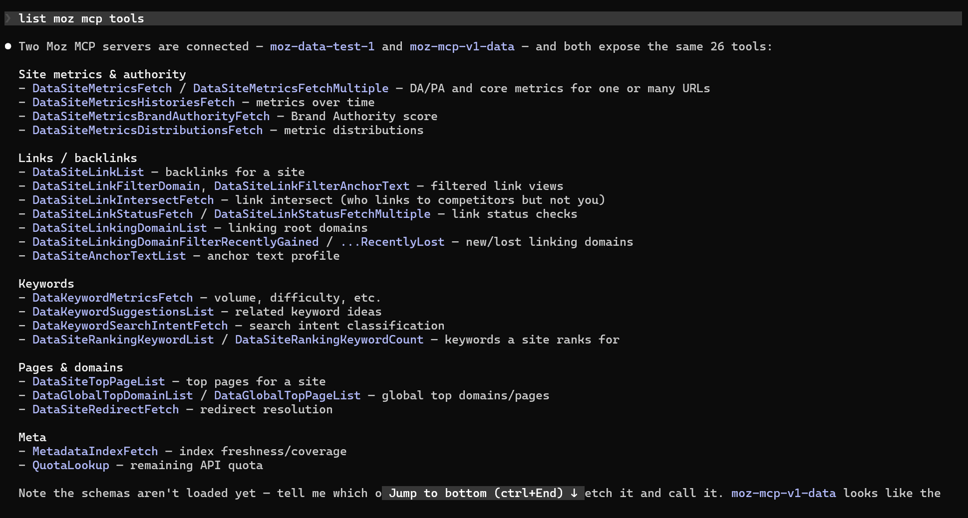 Terminal output listing available Moz MCP server API endpoints and tools