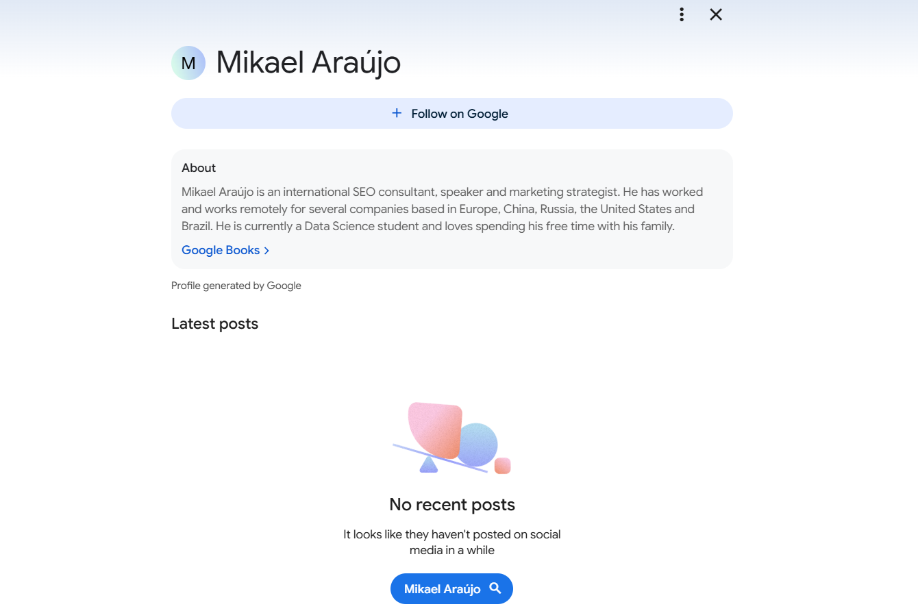Google Creator Profile of Mikael Araújo, generated by Google