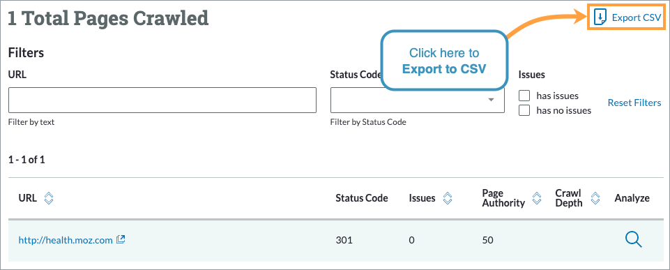The export to CSV button is on the right hand side.