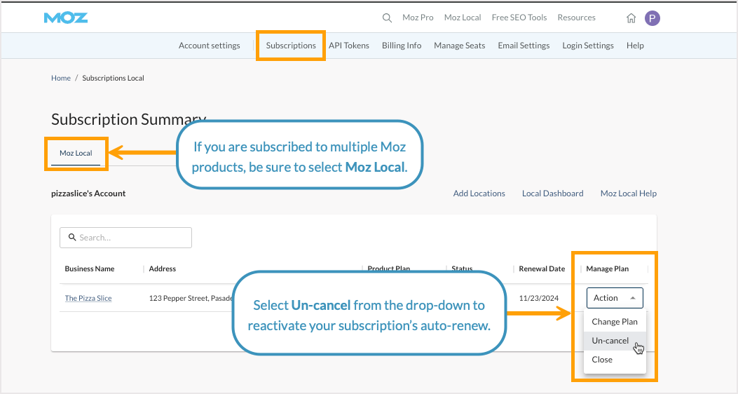 Screenshot of the Subscription summary page showing the option to un-cancel your subscription.