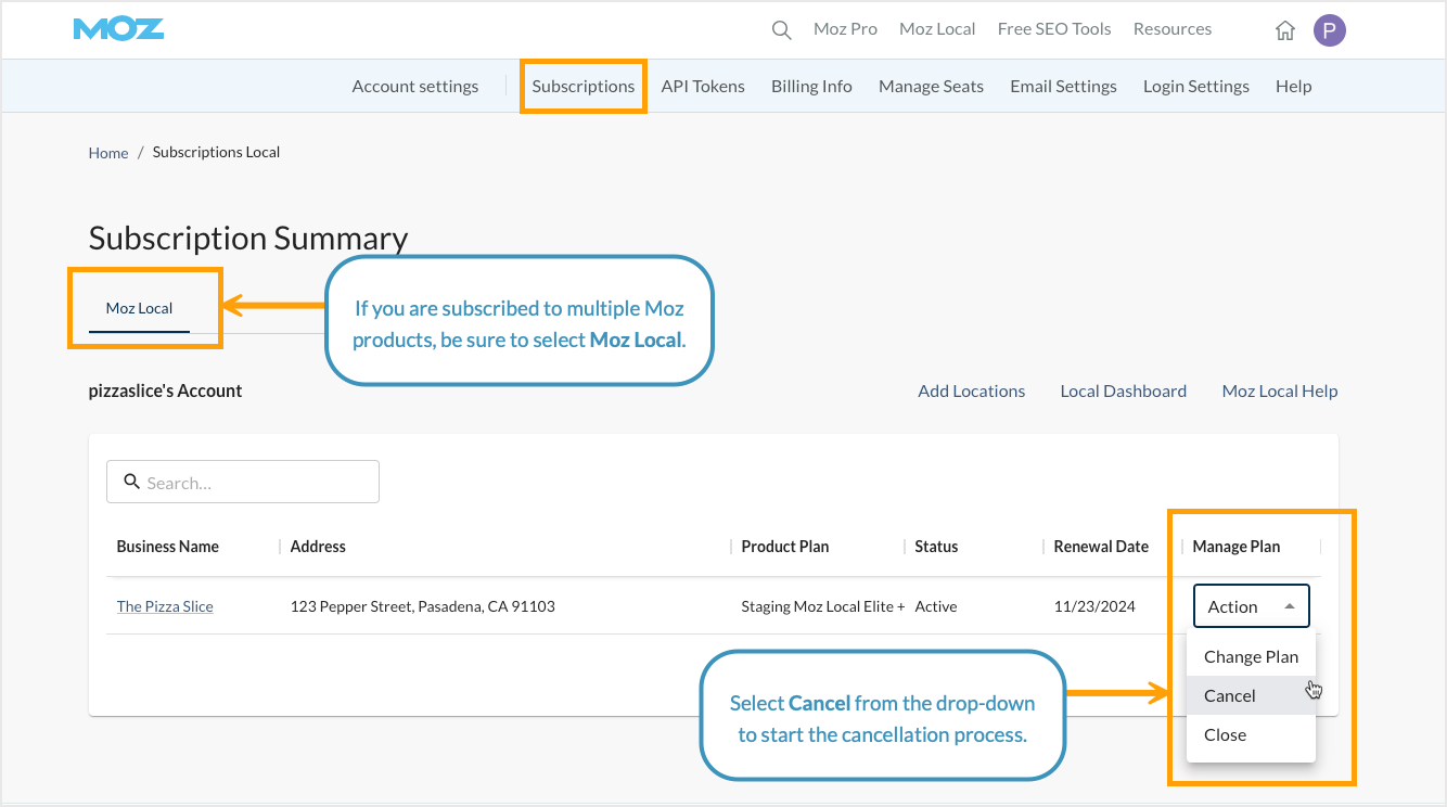 Screenshot of the subscription summary page with the Moz Local tab highlighted.