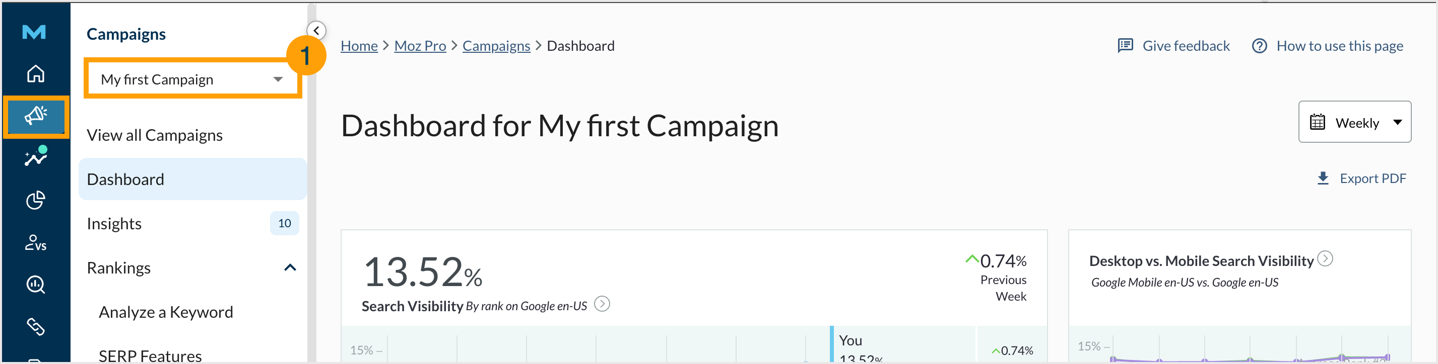 Screenshot of the navigation menu to select a Campaign.