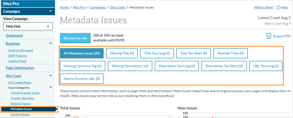 Metadata Issues menu location in the left hand navigation and options to narrow the results by specific metadata issues.