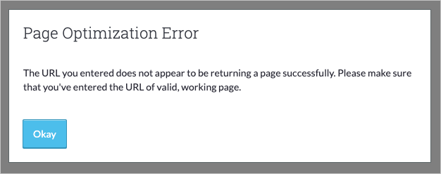 Page Optimization error screen stating the URL you entered does not appear to be returning a page successfully.