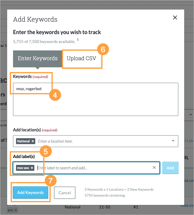 After entering your keywords into the keyword uploader, add your labels.