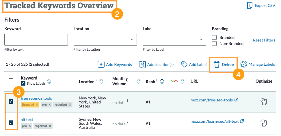 From the Rankings section scroll down to the Tracked Keywords Overview and select the keywords you'd like to delete. You can then click delete to remove them.