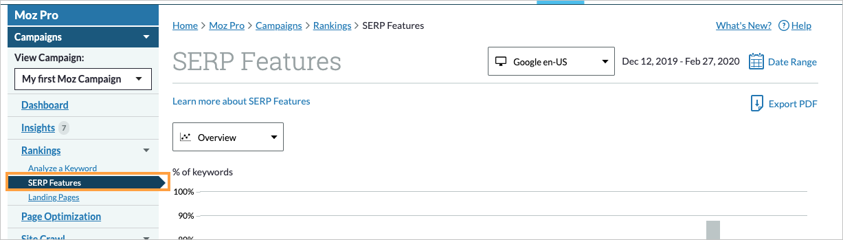 SERP Features is located within the Rankings section of the left hand navigation menu.