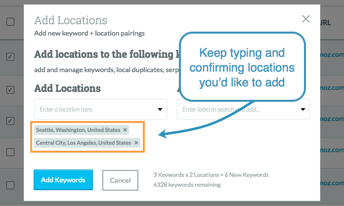 Type in the locations you'd like to add and them click add keywords.