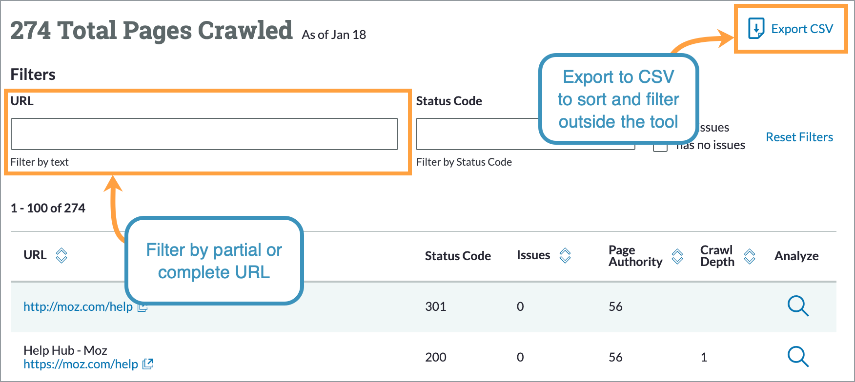 Use the filter options to find specific pages or groups of pages.