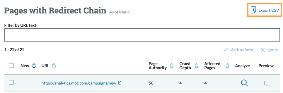 Pages with redirect chain view with export to csv marked on the top right.